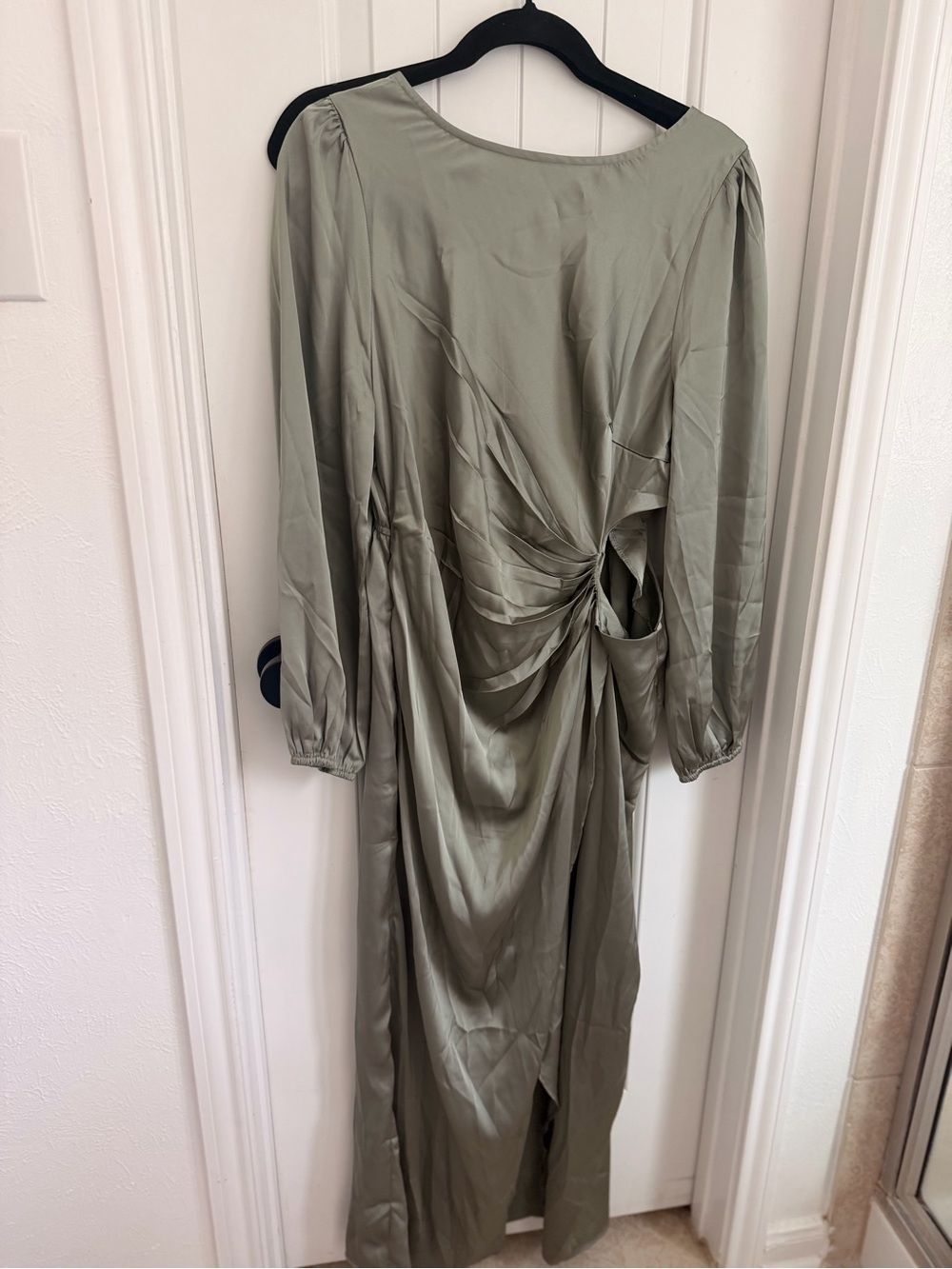 Satin Olive Green Long Sleeve Maxi Dress - Leg Slit & Side Opening